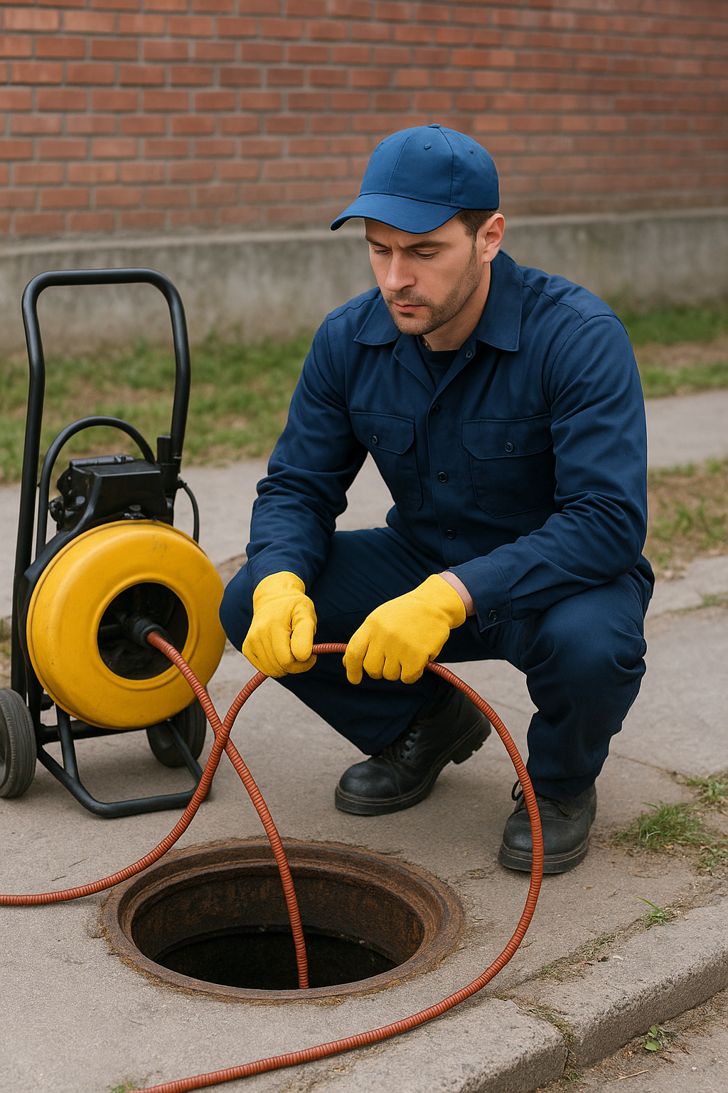 Equipe técnica realizando desobstrução e limpeza de rede de esgoto com equipamentos profissionais