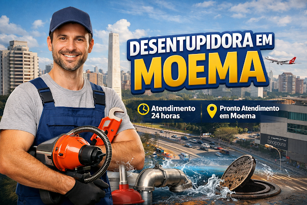 Mapa digital de Moema destacando a localização do cliente e de uma desentupidora profissional próxima, com ícone de ponteiro